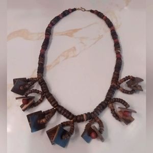 Vtg Wooden Estate Necklace Beaded Exotic Bohemian Statement. Chunky Jewelry